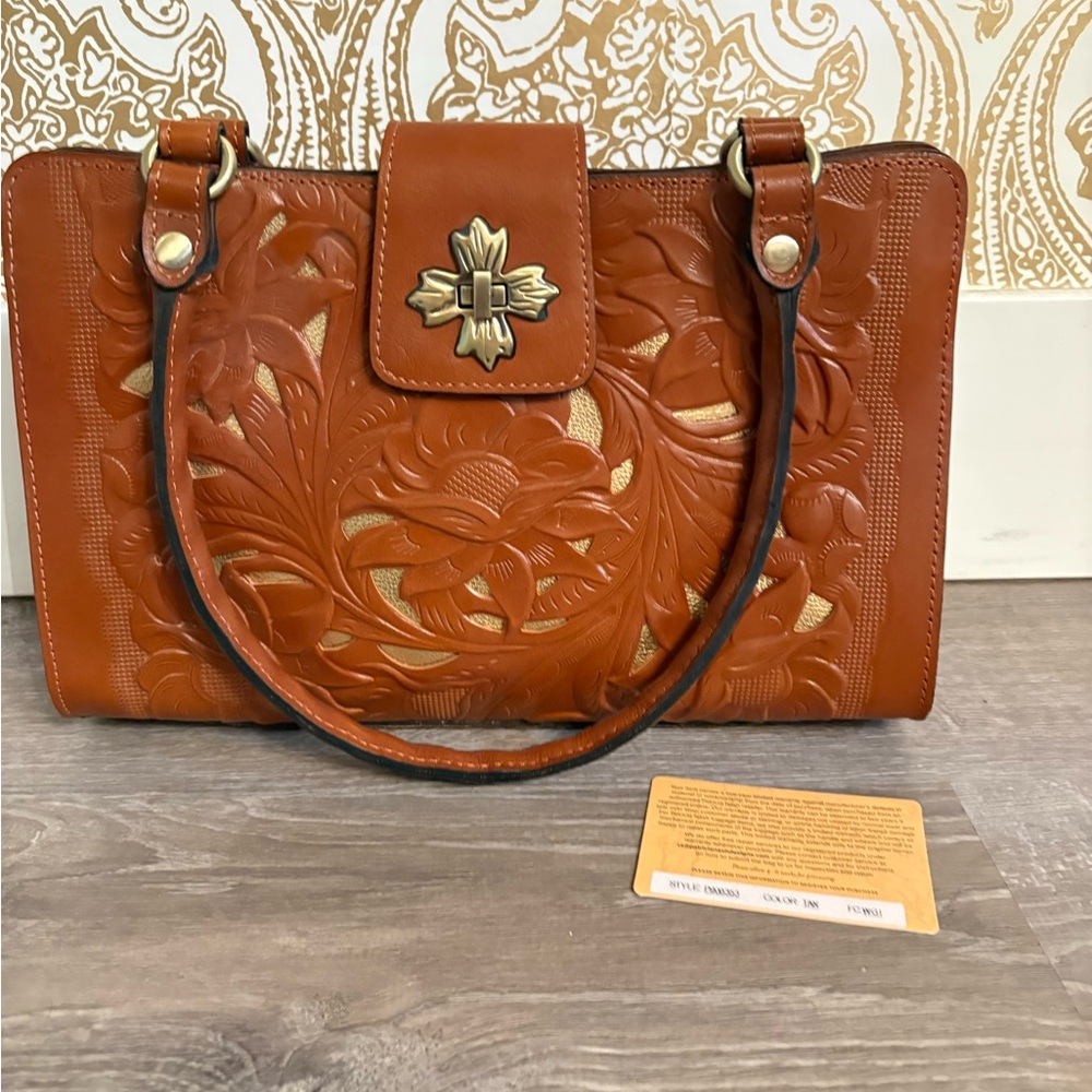 PATRICIA NASH LEATHER ROSINA CUTOUT TOOLING EMBOSSED TOOLED SATCHEL TAN